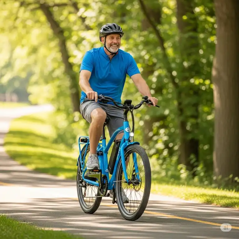 A smiling rider on a Pedego Interceptor electric bike, enjoying a scenic path, illustrating positive pedego electric bikes reviews.