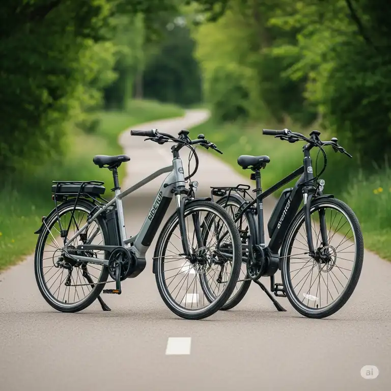 Two electric bikes, a Ride1Up vs Aventon, parked side-by-side on a scenic bike path, highlighting their design differences for comparison.