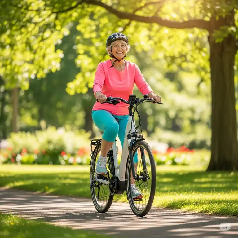 Happy senior woman riding an electric bike in a park, enjoying the outdoors.