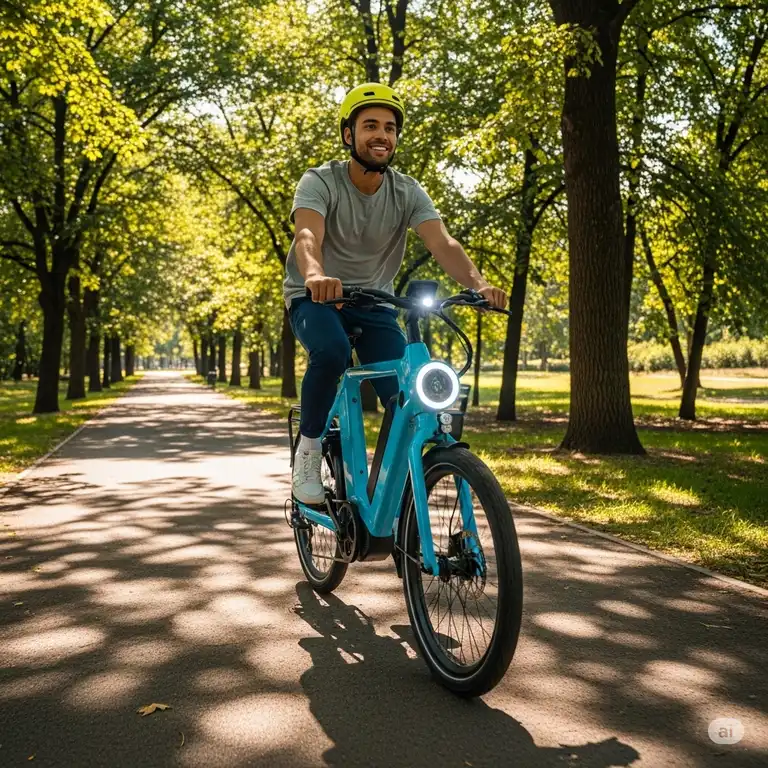 A smiling young person confidently riding a sleek electric bike through a park, highlighting the modern design and active lifestyle associated with young electric bikes.