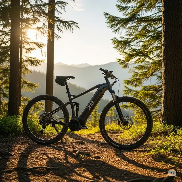 Z8 ebike parked on a scenic mountain trail, highlighting its rugged design and outdoor capabilities.