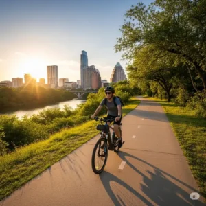 "A person enjoying a ride on an ebike on a scenic trail in Austin, showcasing the versatility of ebikes Austin for outdoor recreation."