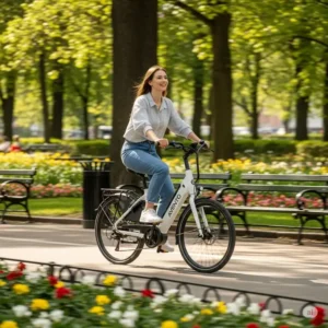 A person happily riding an Avento ebike through a city park, demonstrating the ease of use and comfortable ride.