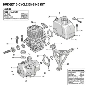 Detailed diagram illustrating all components included in a cheap bicycle engine kit, such as the engine, fuel tank, and mounting hardware.