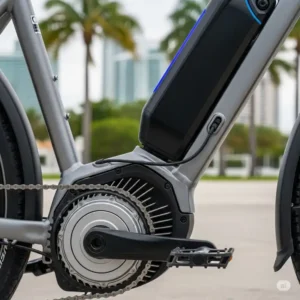 Close-up view of a powerful electric motor and integrated battery on a modern e-bike, highlighting the advanced technology of electric bicycles in Miami.