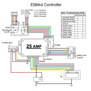 Detailed wiring diagram for a 25 amp controller for ebike, showing connections.