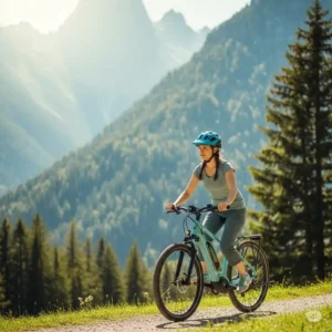 An individual on an ebike cruises effortlessly up a gentle incline, with stunning mountain views in the background, showcasing the accessibility of ebike adventures.