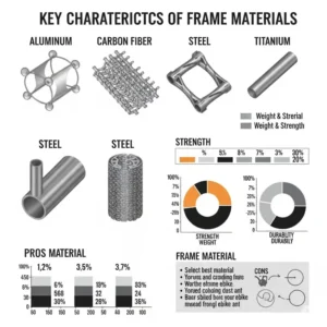 An infographic illustrating various ebike frame materials, including aluminum, carbon fiber, steel, and titanium, with their respective benefits for strength and weight.