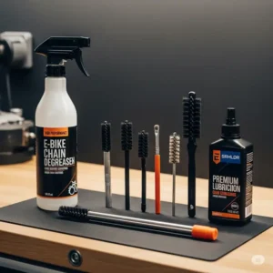 Essential tools for e-bike chain lubrication, including degreaser, brushes, and chain lube, laid out on a workbench for you to lube ebike chain effectively.