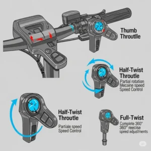 "Illustration showcasing different throttle ebike types: thumb, half-twist, and full-twist designs."