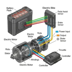 Diagram illustrating key components of an electric bike, including the battery, motor, and controller.