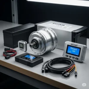 Various components of an electric conversion kit laid out on a table, including the hub motor, battery, controller, display, and wiring harness, ready for assembly.
