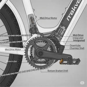 Diagram illustrating the precise central placement of a powerful middrive motor on an ebike frame, emphasizing its low center of gravity.