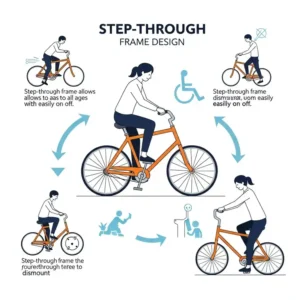 Illustration demonstrating the accessible step through bike in orange color frame design, ideal for effortless entry.