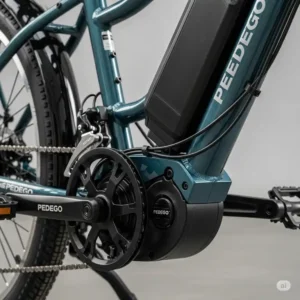 Close-up view of a Pedego electric bike's motor and battery, highlighting the power system often praised in pedego electric bikes reviews.