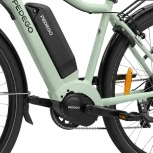 Close-up view of the integrated motor and battery system on a Pedego electric bike, highlighting its powerful and efficient design.
