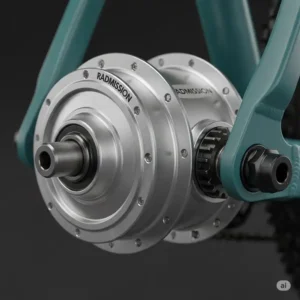 Close-up view of the powerful motor on a Radmission bike, highlighting its robust hub design.