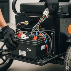 Detailed view of an old 36V battery box being uninstalled from a 3-wheel personal transporter, showing the wiring connections for 3 wheel personal transporter 36v battery box replacement.