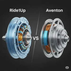 Close-up illustration comparing the hub motor designs of a Ride1Up vs Aventon ebike, showcasing their power and efficiency differences.