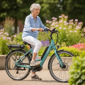 Senior woman easily stepping onto a low step-through ebike designed for comfort and accessibility.