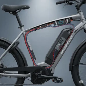 Illustration detailing the sleek, integrated wiring system of a modern wired cruiser ebike, emphasizing clean aesthetics.
