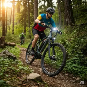 A durable 60v ebike navigating a scenic off-road trail, demonstrating its capability for various terrains.