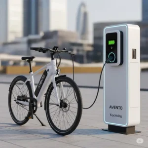 An Avento ebike connected to a charging station, illustrating the convenient and efficient charging process.