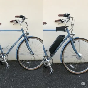 Side-by-side comparison illustrating a traditional bicycle next to the same bike after an electric conversion kit has been installed, highlighting the transformation.