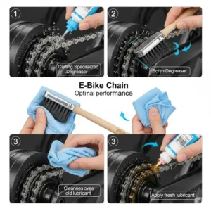 An illustration showing the process of thoroughly cleaning an e-bike chain with a degreaser before applying fresh lubricant to lube ebike chain.