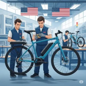 Workers on an assembly line building electric bikes in a state-of-the-art USA factory.