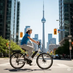 "Ebike rider in Toronto, safely wearing an ebikes helmet toronto, cycling past a recognizable city landmark like the CN Tower."