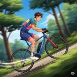  Dynamic illustration of a cyclist effortlessly ascending a steep hill on an electric-assist bike, demonstrating the power and support provided by the electric assist function.
