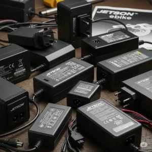  "Various ebike chargers laid out, depicting the search for a compatible replacement charger for a Jetson ebike."