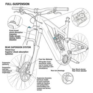 A diagram showcasing a full-suspension ebike frame, detailing the front and rear shock absorption mechanisms for improved off-road comfort and handling.

