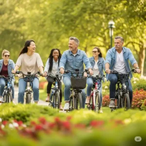 A cheerful group of friends on ebikes enjoying a relaxed ebike cruise together through a lush park, emphasizing the social aspect of electric bike riding.