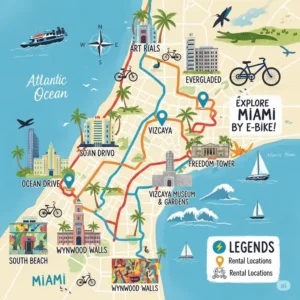 An illustrated map of Miami, Florida, showing popular electric bicycle rental locations and scenic riding routes, perfect for exploring the city by e-bike.
