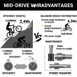Infographic comparing the benefits of a middrive ebike motor, such as improved climbing ability and balanced weight distribution, against traditional hub motors.
