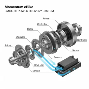 Diagram illustrating the efficient motor and smooth power delivery system of a Momentum eBike, emphasizing its reliable performance.