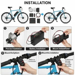 Step-by-step illustration of installing a motorised bicycle kit onto a standard bicycle frame, demonstrating a straightforward conversion process.