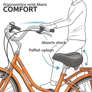 Detailed illustration of comfort features on a step through bike in orange color, including ergonomic handles and a wide seat.
