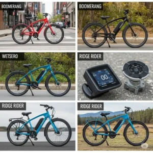 A collage showcasing various Pedego electric bike models like the Boomerang and Ridge Rider, useful for comparing pedego electric bikes reviews.