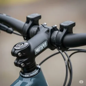 Detail of a Protaper ebike stem securely attached to an ebike, ensuring stability and precise steering.