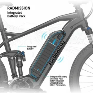 An illustration of the integrated battery pack of the Radmission bike, emphasizing its seamless fit and range capabilities.