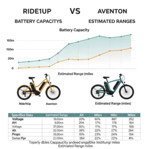 Infographic illustrating the battery capacities and estimated range of Ride1Up vs Aventon electric bikes, helping users compare endurance.