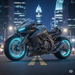 A transformer bike in its high-speed motorcycle mode, parked on an urban street, highlighting its aerodynamic design and powerful wheels.