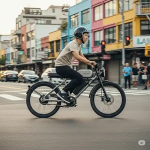 An urban commuter motorcycle that looks like a bicycle navigating city streets, showcasing its agile and compact form ideal for daily rides.