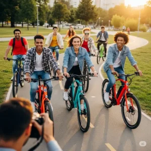 A group of young friends exploring an urban trail on their electric bikes, emphasizing the fun and adventure that young electric bikes offer for leisure.