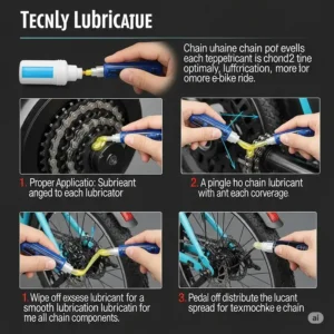 A diagram demonstrating how to evenly apply chain lubricant to each link of an e-bike chain for optimal performance and to properly lube ebike chain.