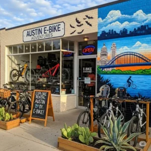 "A storefront of an ebike rental shop in Austin, inviting visitors and locals to experience the city on ebikes Austin."
