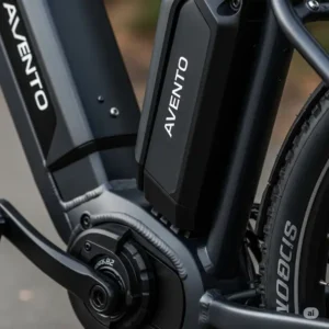 Close-up view of the powerful motor and integrated battery on an Avento ebike, showcasing its advanced electric components.